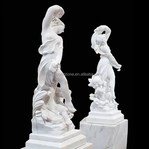 Dougbuild Stone One Pair Lovely Ladies Carved White Marble Statues Stone Carvings And Sculpture Art Home Decor