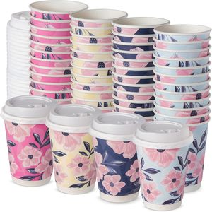 Bicchieri di Carta Floreali OEM con Coperchi, Design Floreali per la Primavera, Rosa, Blu, Giallo e Blu Navy, Accessori per Feste del Tè - Product Image 1