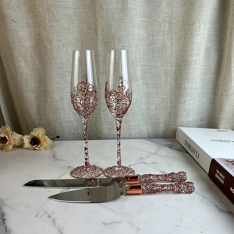 Hecho a mano 200ml oro rosa pinturas patrón cristal champán copas boda flautas conjunto con pastel cuchillo pala