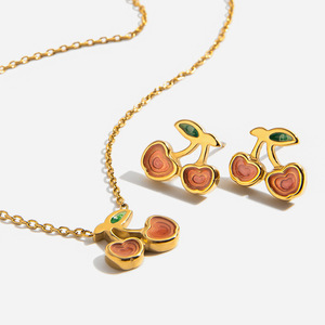 Pendientes de Cereza en Acero Inoxidable con Baño de Oro de 16K, Joyería de Moda para Mujer, Set de Regalo con Diseño Geométrico de Fruta - Product Image 1