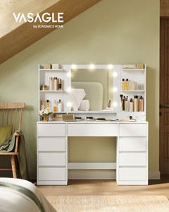 Table de maquillage <span class=keywords><strong>VASAGLE</strong></span> avec 9 tiroirs, table de maquillage moderne avec prises électriques, <span class=keywords><strong>coiffeuse</strong></span> avec miroir et ampoules <span class=keywords><strong>LED</strong></span> - Product Image 1