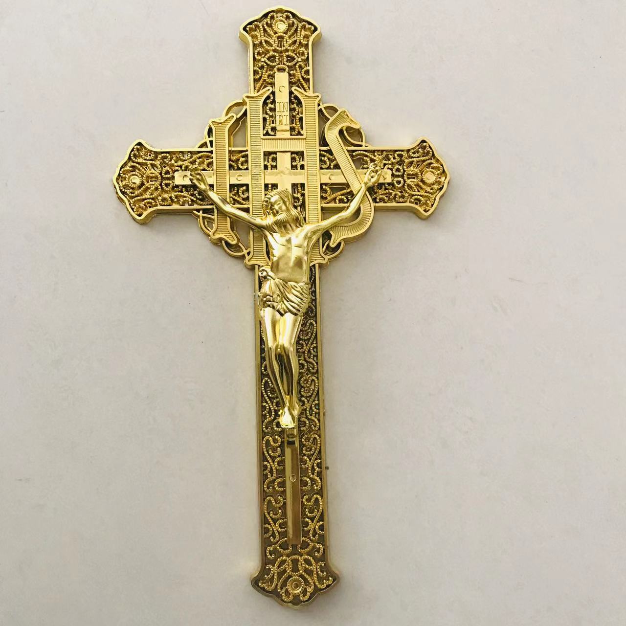 F-Иисус 2 # Самый дешевый в европейском стиле светлый золотой Иисус крест пластиковый гроб крест Распятие похоронное оборудование