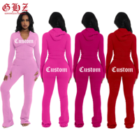 Ensemble streetwear femme automne 2026, logo personnalisé, survêtement rose pour femme, veste à capuche zippée et pantalon évasé, ensemble de sport 2 pièces pour femme