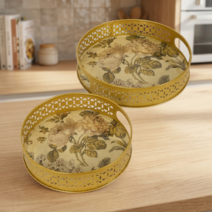 Floral Pattern <b>Round</b> <b>Serving</b> <b>Trays</b> With Handles Polished Metal Finish Residential Use - Product Image 6