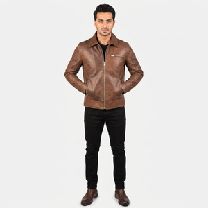 Finer Threads Unisex Slim Genuine <b>Leather</b> <b>Jacket</b> Stand Collar Zipper Closure High Street Vintage Style Breathable Winter <b>Men</b> - Product Image 1