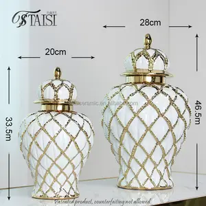 J286 White And Gold Ceramic Flower Vase Luxury Decor Tabletop Ornament Grid Design Vases For Wedding Decoration