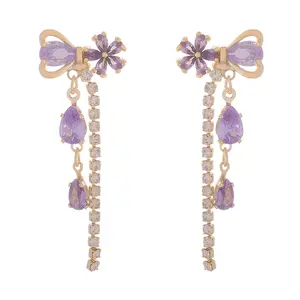 R216 Elegant and Sophisticated Purple Butterfly Knot Flower Water Drop Ear Studs with Fairy-like Design, Petite and Delicate Ear