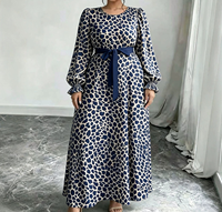 Robe Abaya Maxi Musulmane R-883 Premium Faite à la Main, Vêtement Islamique de Prière Modeste à Manches Longues Imprimé Léopard, Style Dubaï