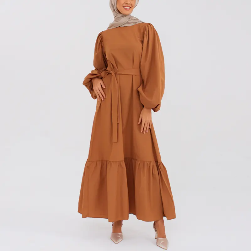 Personalizado cuello redondo moderno elegante modesto mujeres musulmanas vestido Puff manga liso Casual ropa islámica Abaya mujeres vestido musulmán