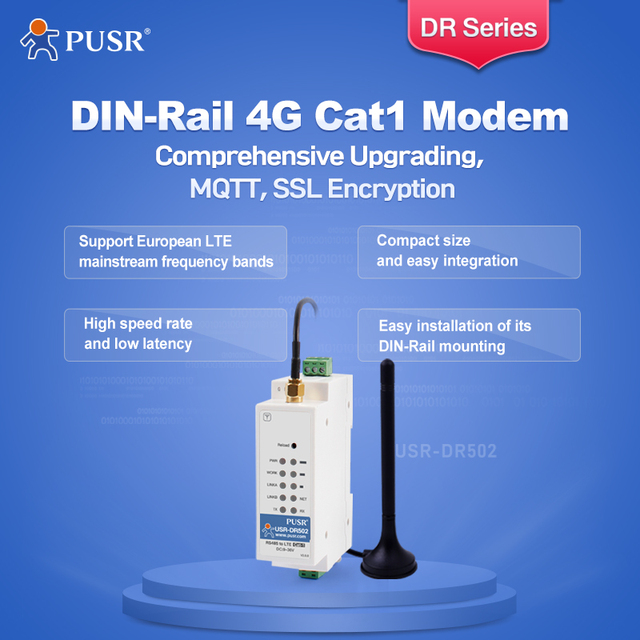 USR-DR502-E Europe Industrial HTTP MQTT/SSL GSM SMS 4G LTE Cat 1 Modem With Sim Card Slot Support IoT Platform