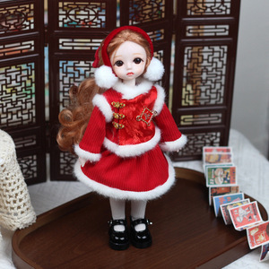 Vêtements pour poupées Bjd, robe en velours rouge avec garniture en fourrure blanche, tenue festive de 30cm, style hiver, coupe trapèze, col rond - Product Image 4