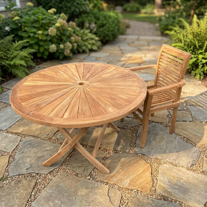 Mesa de Comedor Redonda de Madera de Teca Sólida para Exteriores con Sillón de Listones, Muebles para Jardín, Patio, Piscina, Restaurante, Resort - Product Image 3