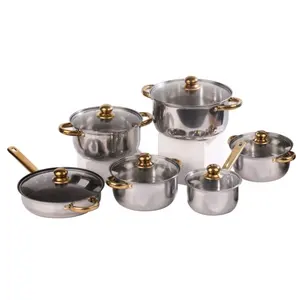Best Selling Stainless Steel Cookware Set 12pcs Double Layer Cooking Pot Set With Golden Handle