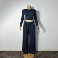Ensembles Coordonnés Streetwear Femme en Coton Spandex Uni, Haut Court à Manches Longues et Pantalon Large à Rayures Latérales, Tenue Décontractée pour l'Automne