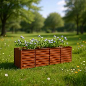 Jardinera elevada de acero corten, diseño rústico marrón para flores y plantas verdes, uso en exteriores. - Product Image 2