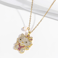 Collier en acier inoxydable plaqué or 18 carats, pendentif chat de dessin animé avec nœud papillon, zircone colorée, perle d'eau douce, chaîne à maillons