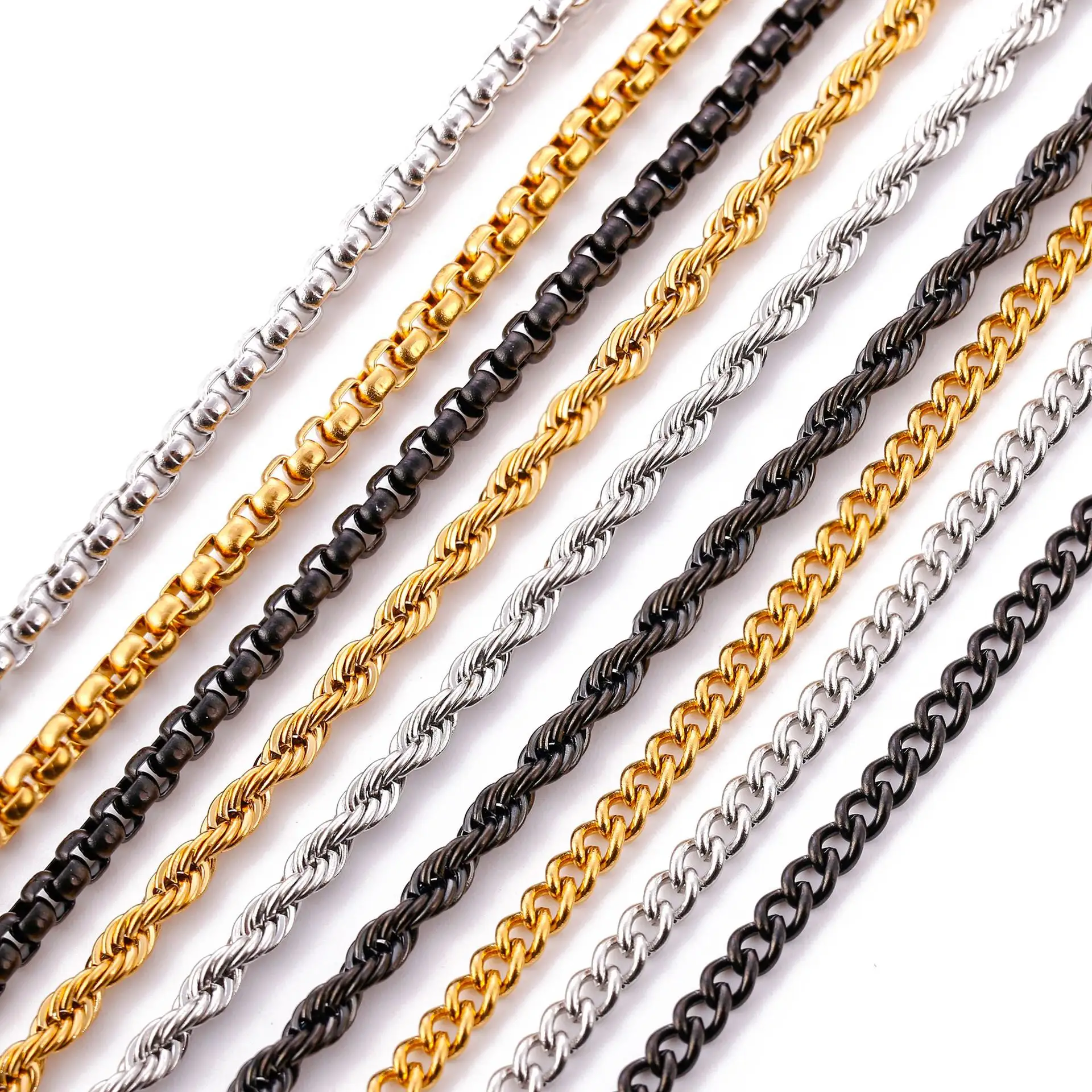 Kalung rantai tali untuk pria, Kalung perak dan 18K lapis emas baja tahan karat 3mm 60CM untuk pria dan wanita