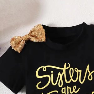 Nuovo Set Estivo alla Moda <span class=keywords><strong>per</strong></span> <span class=keywords><strong>Ragazze</strong></span> 2-14 Anni: T-Shirt Nera con Paillettes Dorate e Shorts in Denim, Casual e Traspirante - Product Image 2