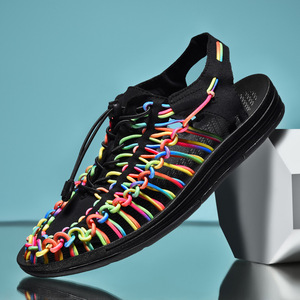 Sandales de plage décontractées multicolores pour hommes et femmes, tissées, respirantes, style romain - Product Image 5