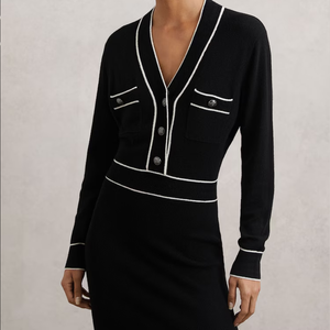 <span class=keywords><strong>Robe</strong></span> midi élégante <span class=keywords><strong>noire</strong></span> en maille pour femme, col en V, passepoil contrastant, manches longues, style <span class=keywords><strong>pull</strong></span> moulant - Product Image 3