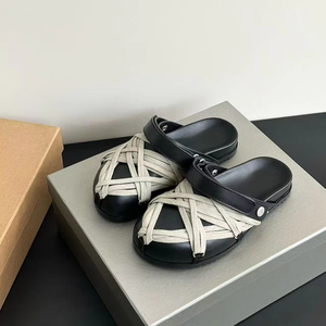 Handmade top-quality leather shoelaces couple <b>slippers</b> with soft sole and anti-slip design, suitable for casual walking. - Product Image 1