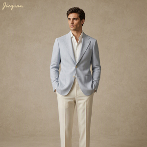 <span class=keywords><strong>Blazer</strong></span> da Uomo su Misura Blu Chiaro, Lussuoso in Misto Lino, Vestibilità Slim, per Matrimonio, Sposo, Business, Giacca Estiva Formale da Cerimonia - Product Image 1