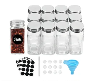 12pcs Glass Spice Jars With Labels 4oz Empty Square Spice Bottles Containers Condiment Pot With Label Metal Lid
