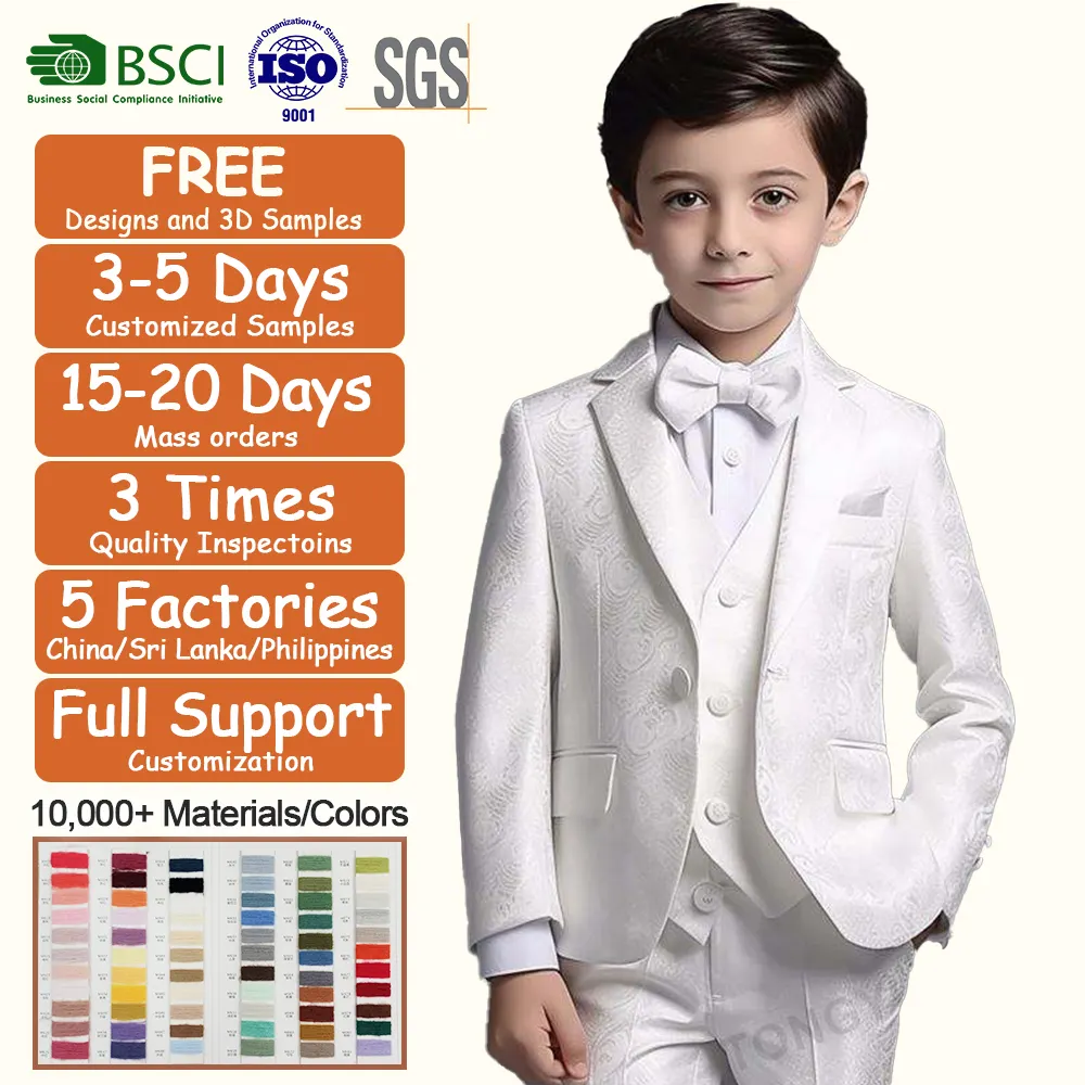 Custom Kleding Boy Suits Formele Kostuum Boys White Jacquard Flower Design Kind Formeel Pak Kids Trouwpak Smoking