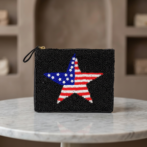 Pochette à fermeture éclair en coton, motif étoile perlée, brodée, forme carrée, couleurs mélangées, noire, pour usage quotidien décontracté, style mode - Product Image 1