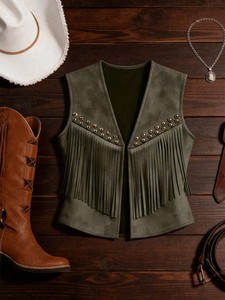 Wholesale New Western Cowgirl Faux Suede Sleeveless Vest Metal Rivet Fringe Open Front Slim Vintage Ethnic Layering <strong>Waistcoat</strong> - Product Image 5