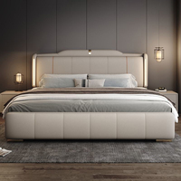 Lit de Luxe Moderne King Size en Cuir et Bois Massif avec Rangement pour Chambre à Coucher, Lit d'Hôtel avec Éclairage