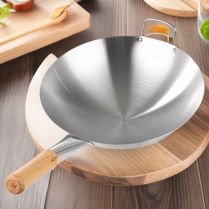 Wok de acero inoxidable con mango de madera, base redonda, sartén para freír, para estufa de gas, uso comercial - Product Image 1