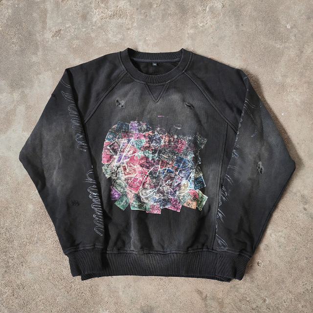 YSJY Manufacturer Custom Dgt Print Graphic Streetwear Acid Wash Oversized Distressed Boxy Long Sleeve Sweatshirt Men