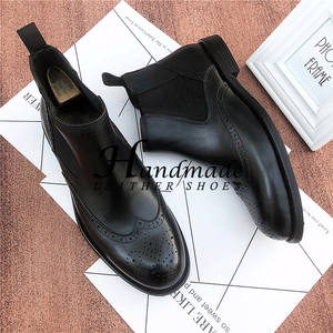 Bottes Chelsea gravées pour hommes, bottes courtes en cuir véritable pour affaires, bottes en cuir brogue, bottes tendance et chaudes doublées de polaire - Product Image 5