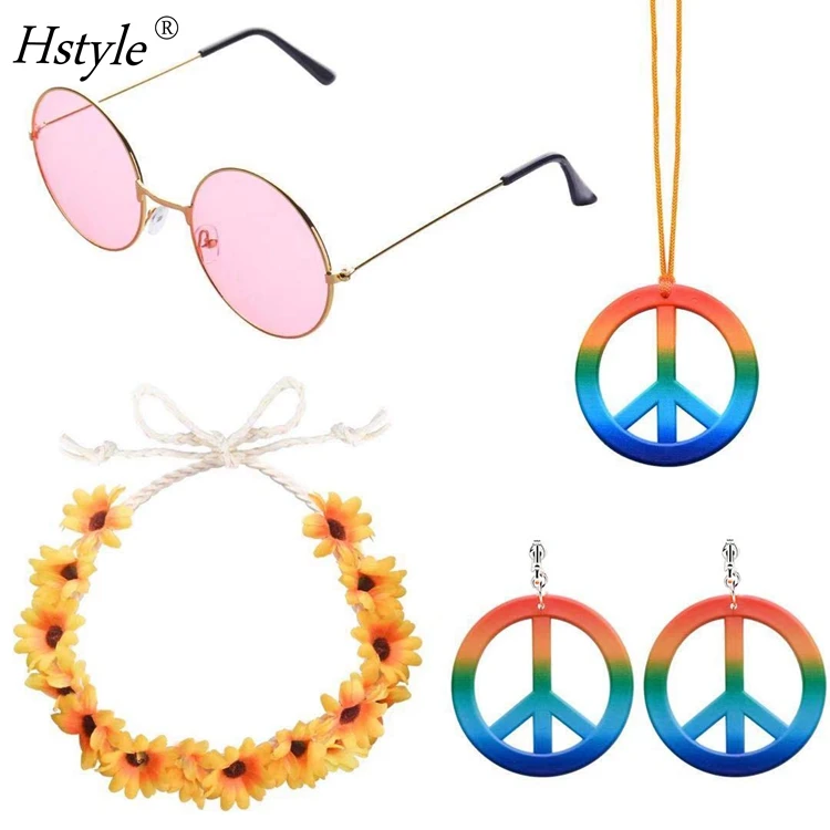 SHEHARUHI 4 Pcs Hippie Costume Accessories Set 70s Hippie Party Favors Decorations Peace Sign Necklace Boho Flower Headband Sunglasses Earrings For