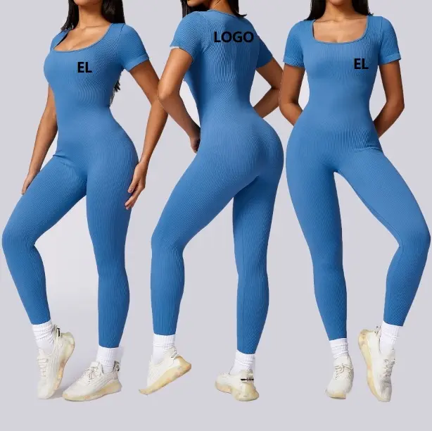 Custom LOGO Short Sleeves yoga Rompers Ladies jogging wear One Piece stretch Jumpsuit For Women