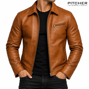 Veste en cuir marron pour homme, fermeture éclair, style décontracté, avec poche poitrine, vente en gros - Product Image 1
