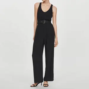 Großhandel individuelles Logo solide Farbe Sommer lässige Damenweste schlichte Strampler schwarzes Leinen und Baumwolle einteilige Jumpsuits