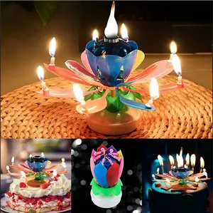 Wholesale Flat Rotating Musical Singing Wax Candles Cakes Decorating Cool Wedding Birthday Music Lotus Candle Party Surprise