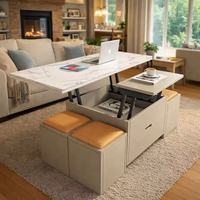 Table basse moderne de luxe multifonctionnelle, relevable et pliable, avec rangement et tabourets pour salon