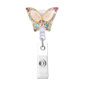 Porte-badge rétractable papillon en cristal avec chaîne de perles et design décoratif - Product Image 4