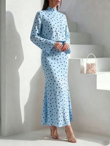 Ensemble jupe sirène et chemise à col mandarin imprimé pois noirs et blancs, élégant et gracieux, pour femme, idéal pour l'automne, les trajets quotidiens et les réceptions de thé - OEM&ODM - Product Image 3
