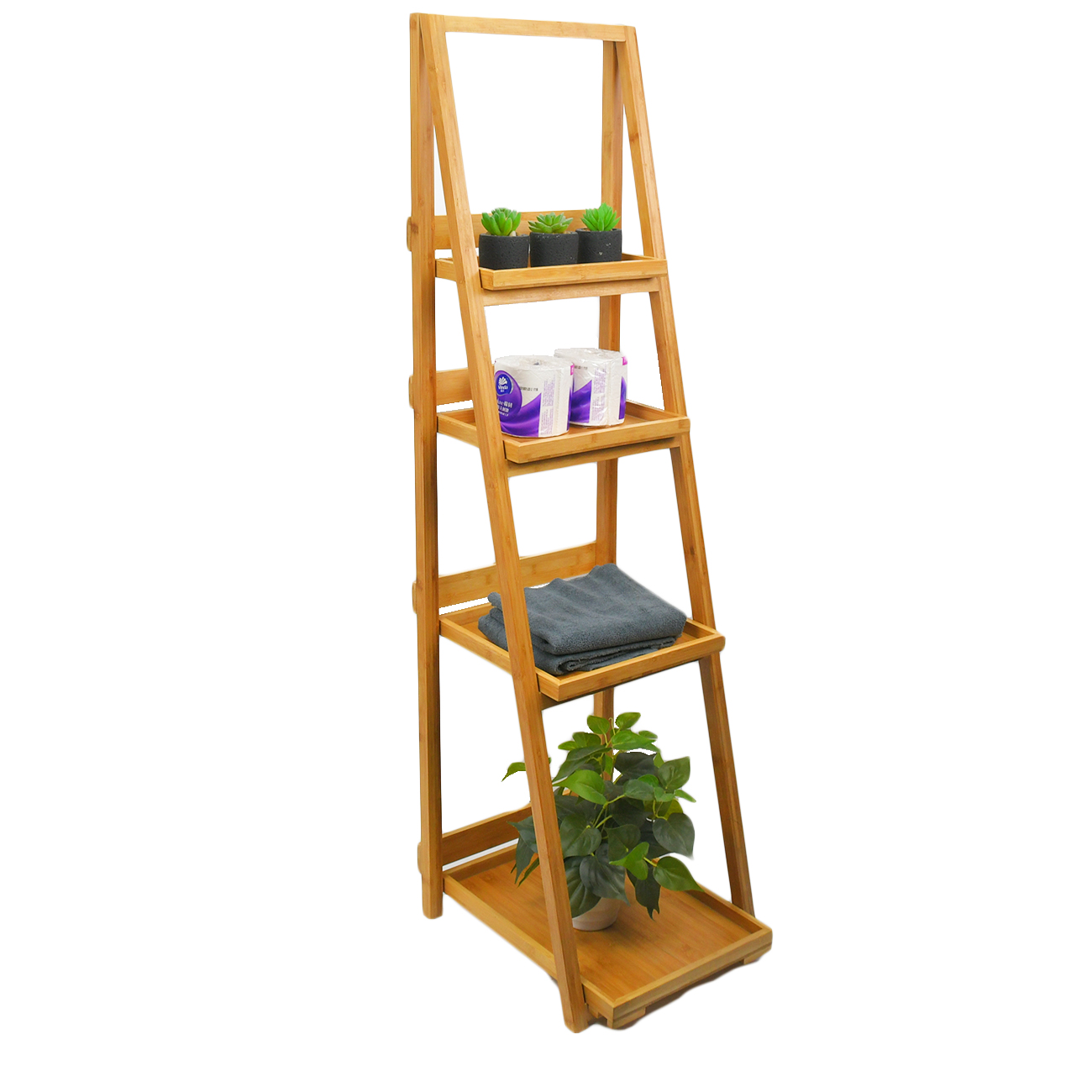 Multifunctional 4 Tier Foldable Bamboo Flower Pot Rack Shelf Ladder Shelving Display Stand Bookshelf Storage Rack