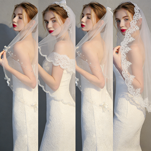 Velo de novia estilo Mori retro, elegante, con borde de encaje y gasa lisa, para accesorios de fotografía de propuesta de matrimonio. - Product Image 1