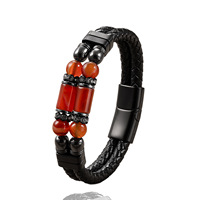 Bracelet en cuir tressé à double couche pour homme, orné de perles de pierre, avec fermoir magnétique en acier inoxydable, fait main