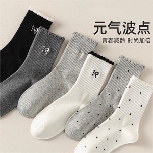 Women's Polka Dot Bow Slouch Socks Mid-Calf Breathable Casual Socks For Youth - Product Image 1