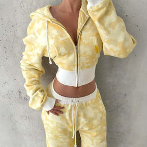 Custom <b>Women</b> High Waist Sportwear 350 Gsm Cotton Fleece Applique Embroidery Sporty Cropped Zip Up <b>Camo</b> Hoodie Sweatpants Set - Product Image 2