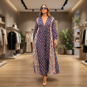 Women's <b>Bohemian</b> <b>Maxi</b> <b>Dress</b> 100% Silk Woven Fabric Long Sleeve Color Blocking A-Line Silhouette Lightweight Anti-Wrinkle - Product Image 3