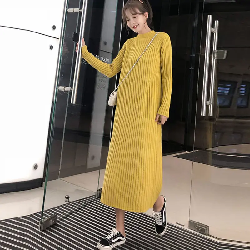 Gaun Sweater rajut wanita, baju Sweater kasual Sweater panjang rajutan kuning hangat musim dingin desain terbaru