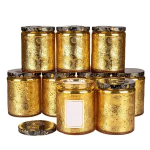 Atacado Gold Amber Relief Unique Candle Container Vazio Vidro Vela Frascos com Tampas De Metal